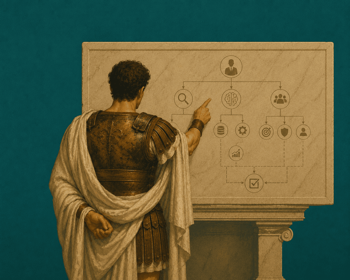 Classical statue pointing at a workflow analysis diagram