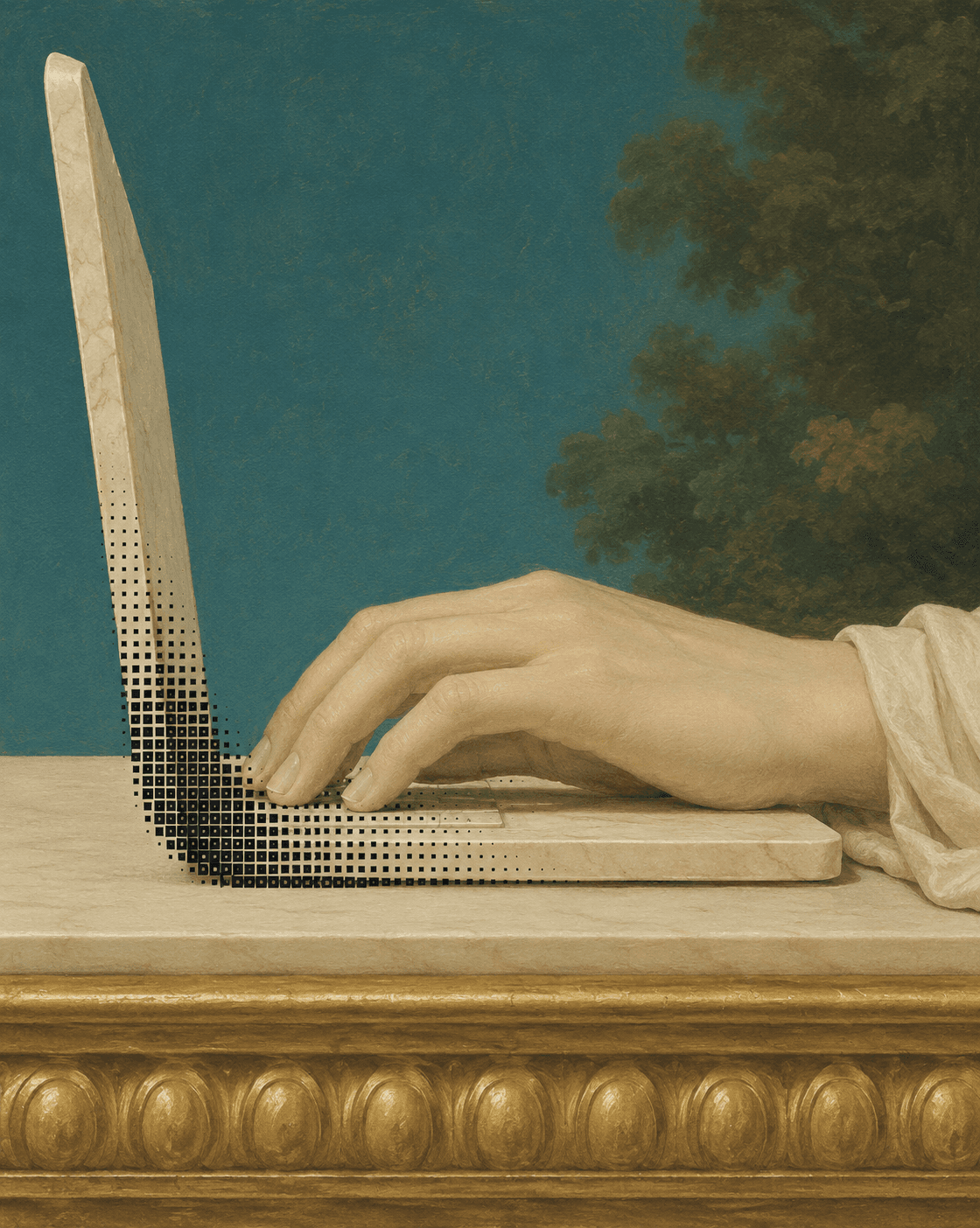 A classical statue working at a laptop