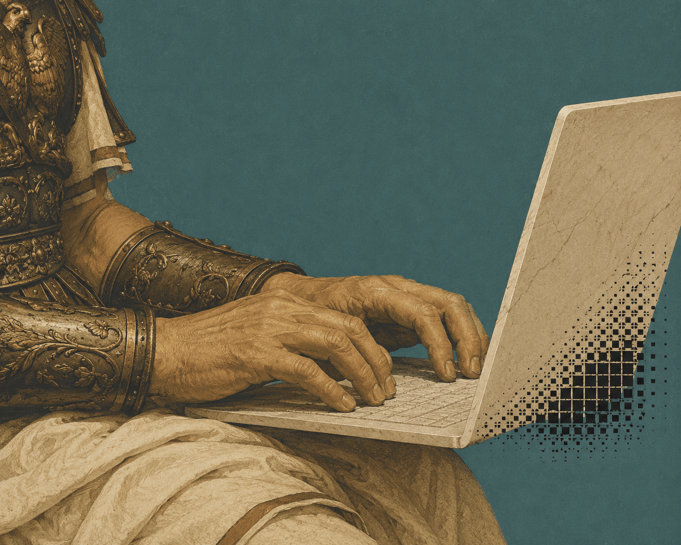 A classical statue of a figure typing on a laptop