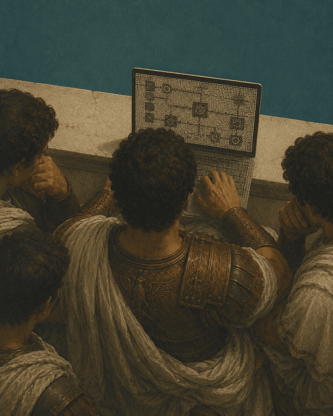 Classical figures looking at a screen together