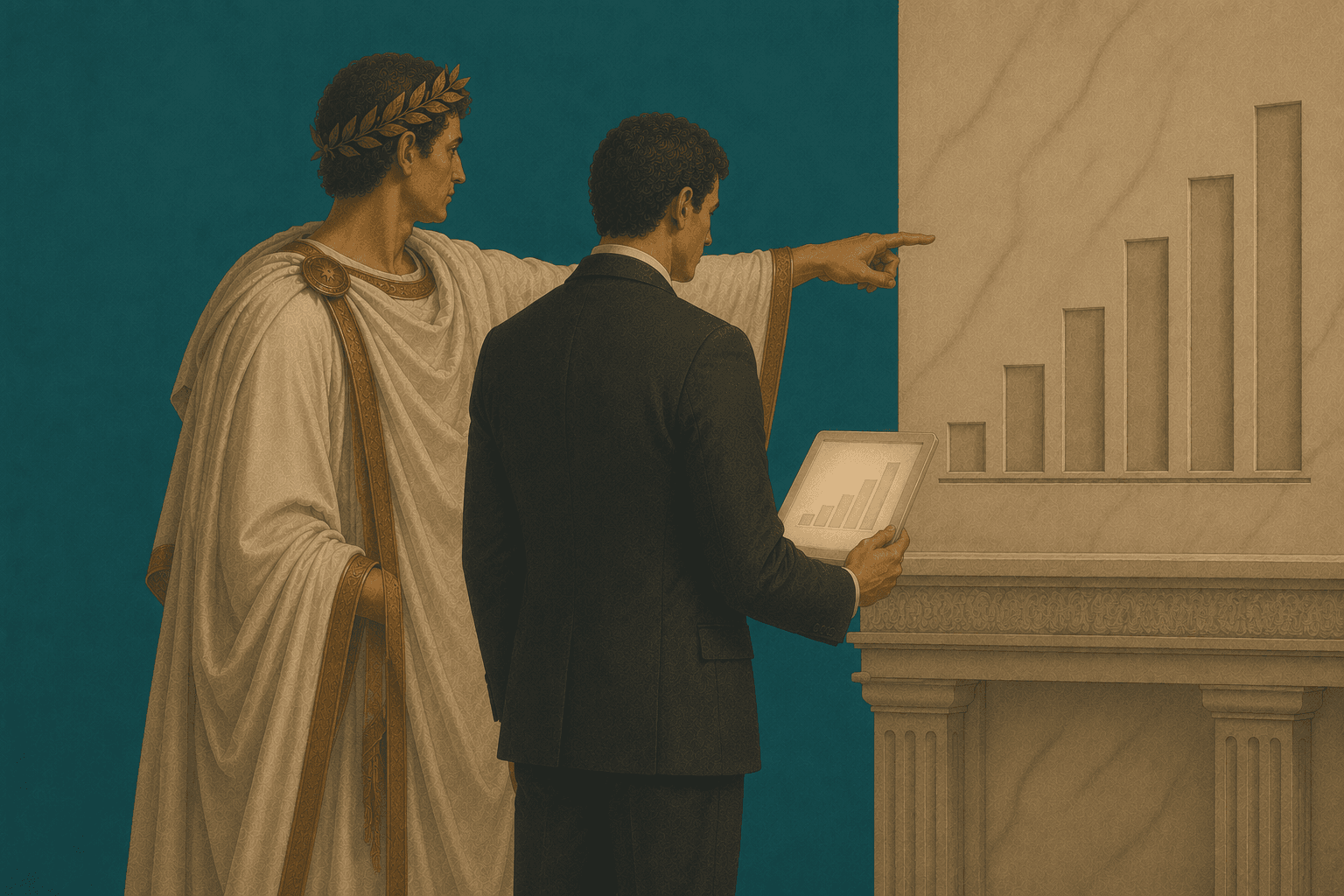 Classical statue pointing at a bar chart